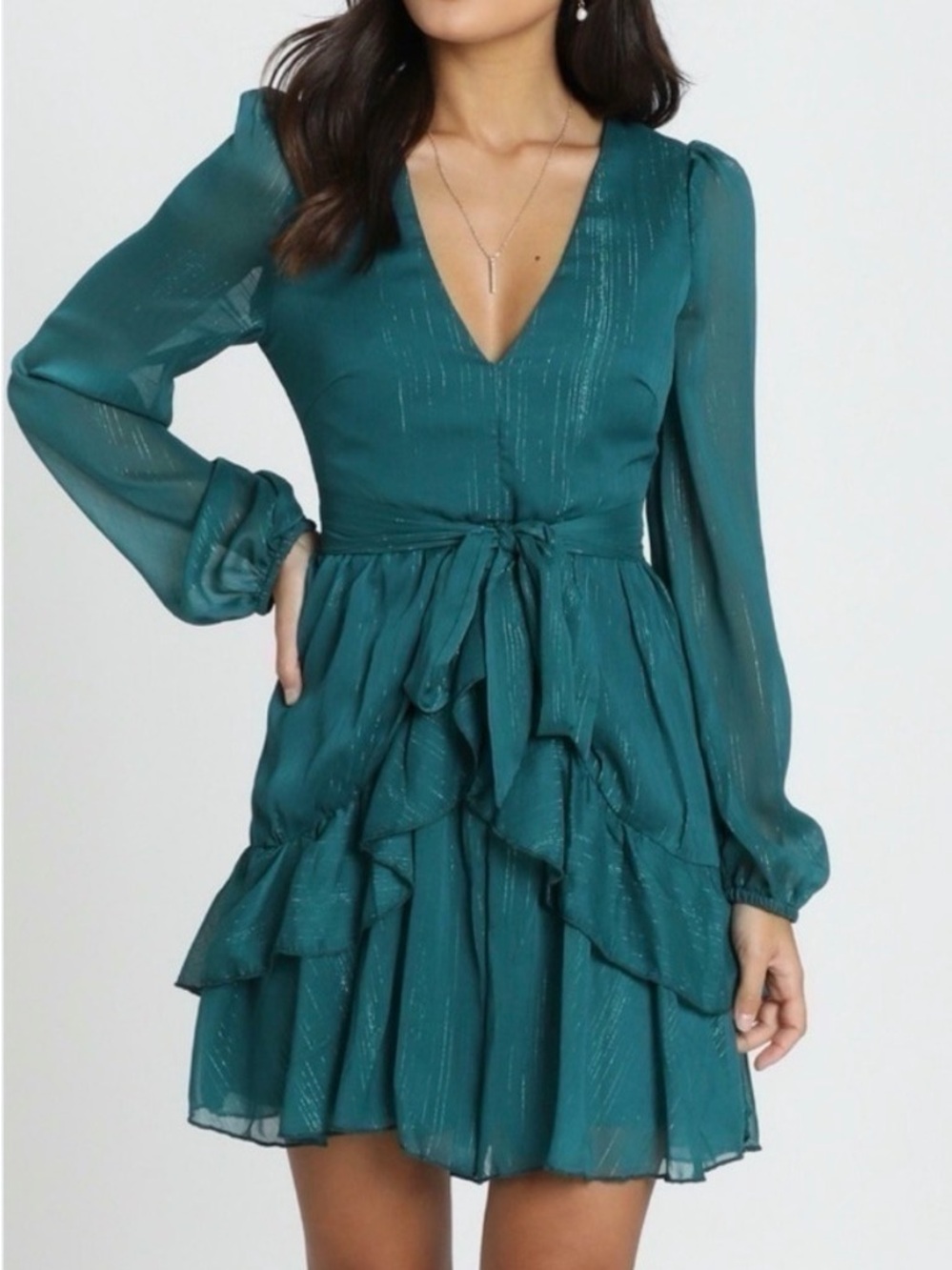 Altar'd State KEELIE Teal V-Neck Ruffle Tie-Waist Dress
